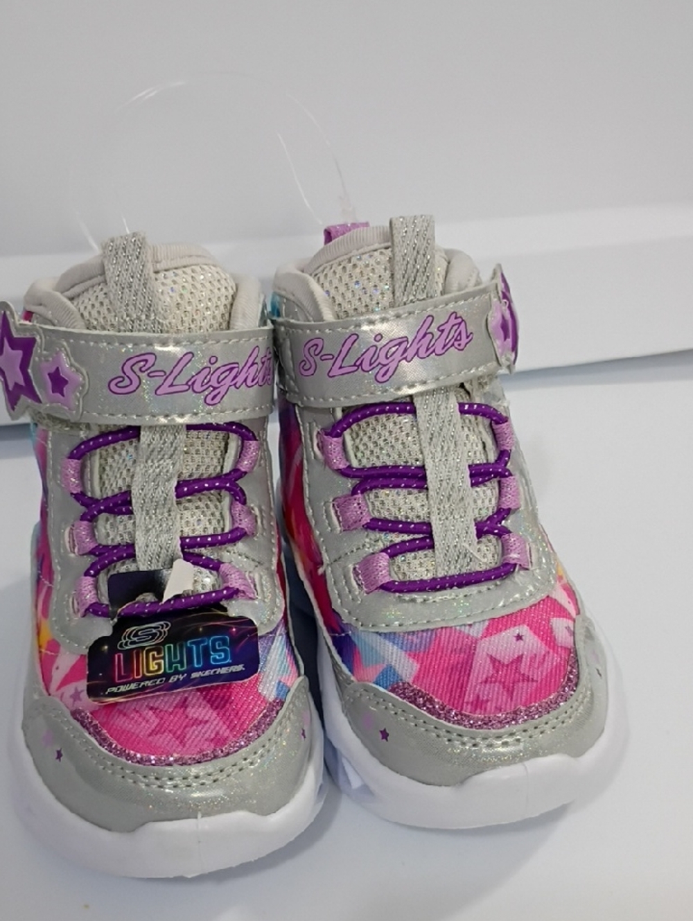 SKECHERS S-LIGHTS GIRLS LIGHT-UP HIGH-TOP SNEAKERS IN PINK, SILVER SIZE 5 NWT
